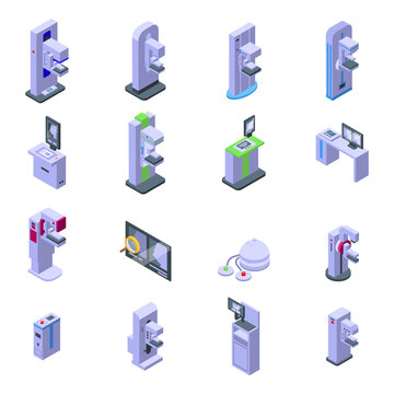 Mammography machine icons set. Isometric set of mammography machine vector icons for web design isolated on white background