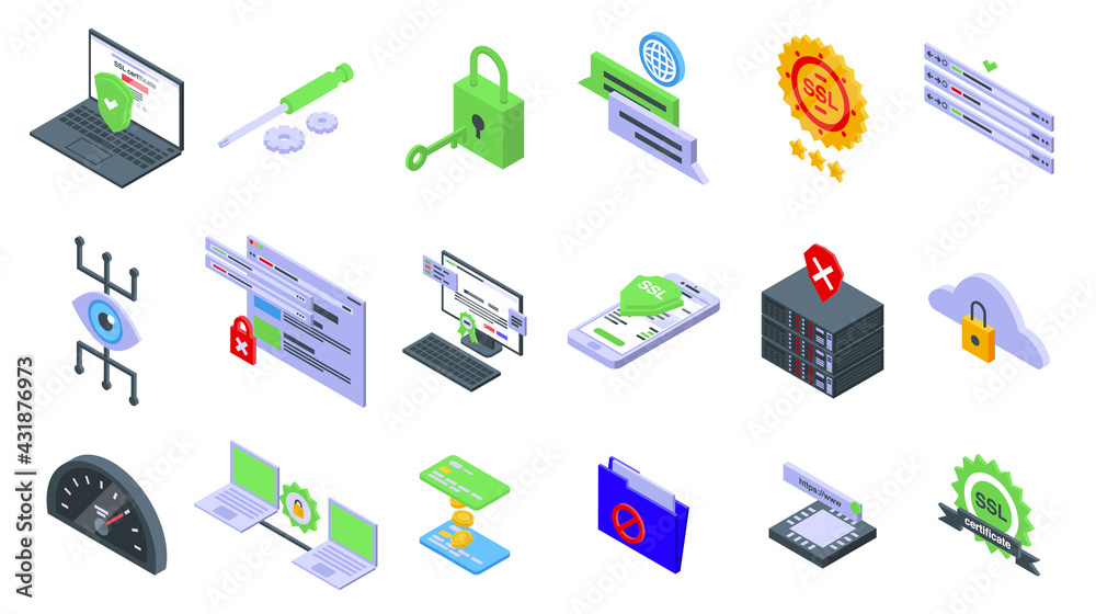 Poster ssl certificate icons set. isometric set of ssl certificate vector icons for web design isolated on 