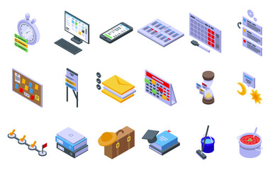 Task schedule icons set. Isometric set of task schedule vector icons for web design isolated on white background