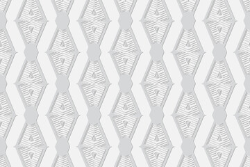 3D volumetric convex embossed white background. Ethnic geometric style. Beautiful creative curly pattern for wallpapers, presentations, textiles, websites, coloring, wrapping paper.