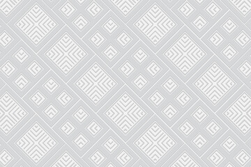 3D volumetric convex embossed white background. Ethnic geometric style. Shaped trendy pattern for wallpapers, presentations, textiles, websites, coloring, wrapping paper.