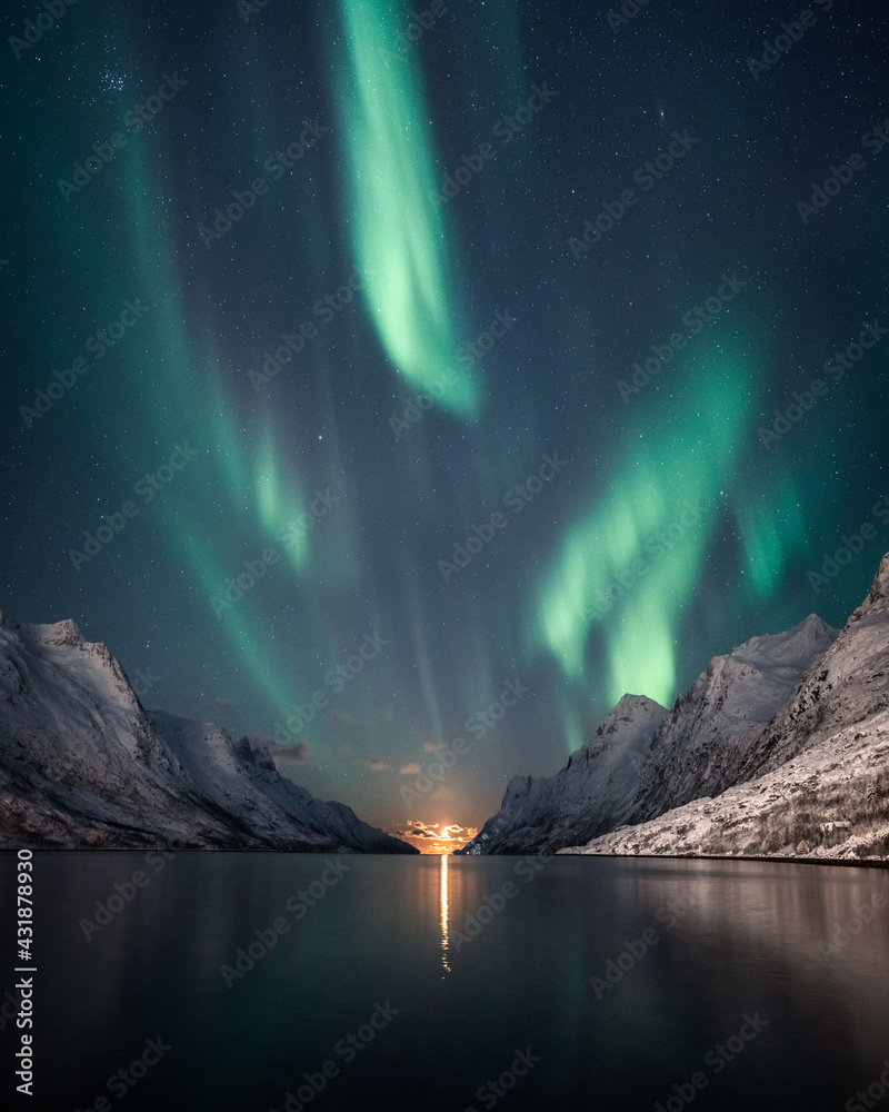 Sticker Vertical shot of a night winter landscape with Northern lights reflection on the lake,