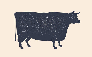 Cow silhouette. Vintage retro print cow silhouette - obrazy, fototapety, plakaty