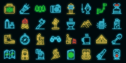 Hiking icons set. Outline set of hiking vector icons neoncolor on black