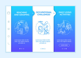 Upper-extremity prostheses tasks onboarding vector template. Responsive mobile website with icons. Web page walkthrough 3 step screens. Reaching and grasping color concept with linear illustrations