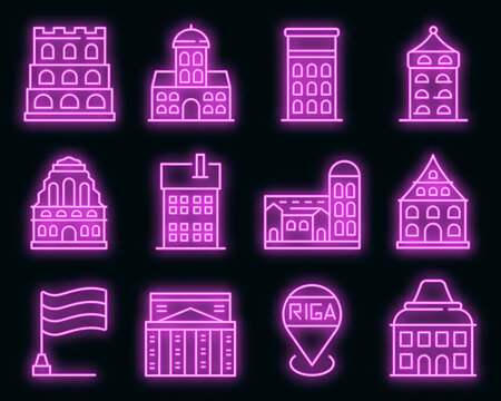 Riga icons set. Outline set of Riga vector icons neoncolor on black