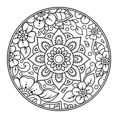 Outline round flower pattern in mehndi style for coloring book page. Antistress for adults and children. Doodle ornament in black and white. Hand draw vector illustration.