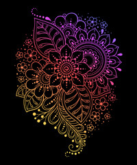 Mehndi flower pattern for Henna drawing and tattoo. Decoration in ethnic oriental, Indian style. Doodle ornament. Outline hand draw vector illustration. Rainbow design on black background.
