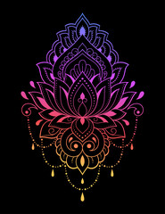 Colorful Lotus floral pattern for Mehndi and Henna drawing. Hand-draw lotus symbol. Decoration in ethnic oriental, Indian style. Rainbow design on black background.