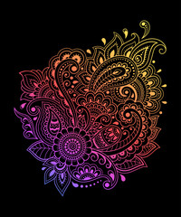 Mehndi flower pattern for Henna drawing and tattoo. Decoration in ethnic oriental, Indian style. Doodle ornament. Outline hand draw vector illustration. Rainbow design on black background.