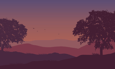 Fototapeta na wymiar Amazing view of the mountains with the shady tree silhouettes from the edge of the city at twilight. Vector illustration