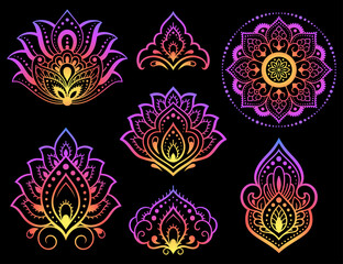 Set of Mehndi flower pattern and mandala for Henna drawing and tattoo. Decoration in ethnic oriental, Indian style. Doodle ornament. Outline vector illustration. Rainbow design on black background.