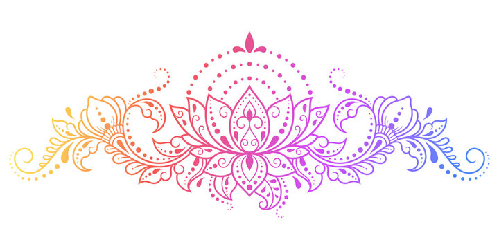 Colorful floral pattern for Mehndi and Henna drawing. Hand-draw lotus flower symbol. Decoration in ethnic oriental, Indian style. Rainbow design on white background. Outline vector illustration.