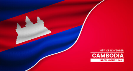 Abstract independence day of Cambodia background with elegant fabric flag and typographic illustration