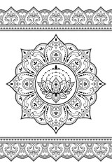 Set of mandala pattern and seamless border for Henna drawing and tattoo. Decoration in ethnic oriental mehndi, Indian style. Doodle ornament in black and white. Hand draw vector illustration.
