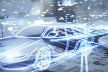 Double exposure of auto tech drawing and desk with open notebook background. Concept of technology
