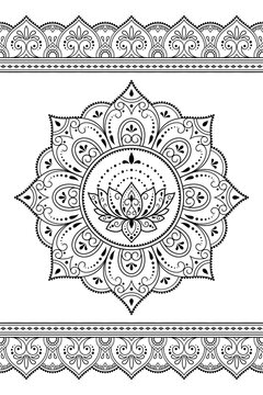 Set of mandala pattern and seamless border for Henna drawing and tattoo. Decoration in ethnic oriental mehndi, Indian style. Doodle ornament in black and white. Hand draw vector illustration.