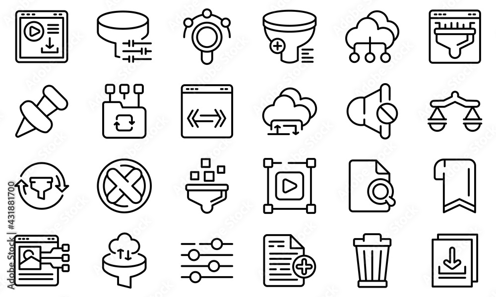 Poster filter search icons set. outline set of filter search vector icons for web design isolated on white 