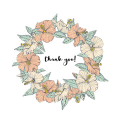 Vintage Line art hibiscus flower wreath with dark outline and text thank you isolated on white background. Stock vector illustration. © akini