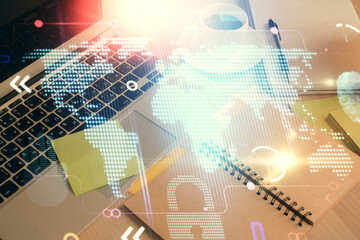 Double exposure of map drawing and desktop with coffee and items on table background. Concept of global data.