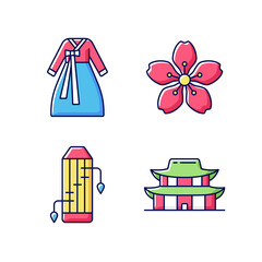 Korean ethnic symbols RGB color icons set. Hanbok clothes. Cherry blossom. Gayageum musical instrument. Gyeongbok palace. Korean culture. Traditional symbols of Korea. Isolated vector illustrations