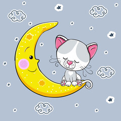 Cute cartoon white gray cat sleeps on the moon. Vector illustration. A beautiful kitten. The little kitten is sleeping