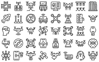 Drone technology icons set. Outline set of drone technology vector icons for web design isolated on white background
