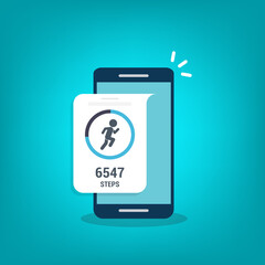 Fitness tracking app on mobile phone. Run tracker, walk steps counter. Vector illustration