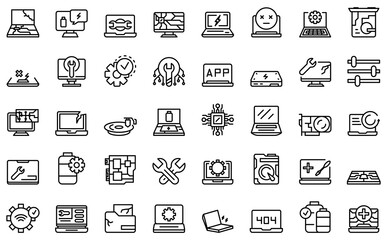 Laptop repair icons set. Outline set of laptop repair vector icons for web design isolated on white background