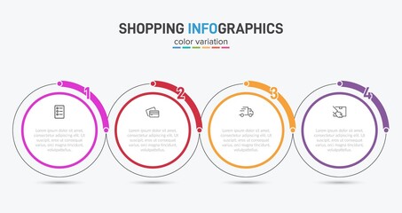Concept of shopping process with 4 successive steps. Four colorful graphic elements. Timeline design for brochure, presentation, web site. Infographic design layout.