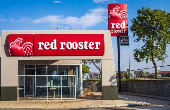 Perth, Australia - May 5, 2021: Red Rooster Chicken is a popular brand of takeaway food in Australia and offers a mixed primarily chicken based menu. Delivery service is offered at some stores.