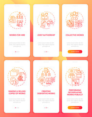 Copyright law onboarding mobile app page screen with concepts set. Derivative works creation walkthrough 3 steps graphic instructions. UI, UX, GUI vector template with linear color illustrations