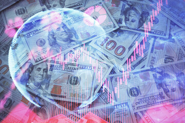 Multi exposure of business theme drawing over us dollars bill background. Concept of financial success.