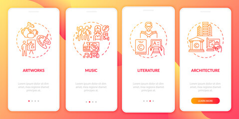 Copyright objects onboarding mobile app page screen with concepts. Musical recordings, literature walkthrough 4 steps graphic instructions. UI, UX, GUI vector template with linear color illustrations