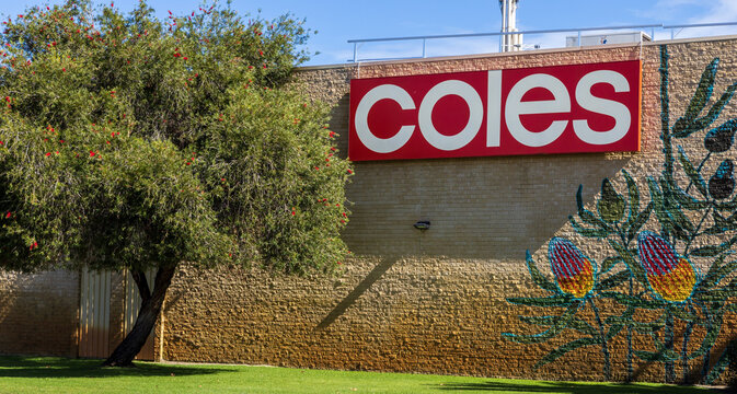 Perth, Australia - May 5, 2021: Coles is Australia's second retail grocery chain with supermarkets in most suburbs and larger regional towns. It is owned by the Wesfarmers Group.