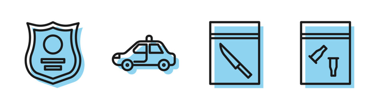 Set line Evidence bag and knife, Police badge, Police car and flasher and Evidence bag and bullet icon. Vector