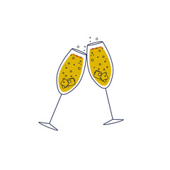 Two glasses with a yellow carbonated drink and ice cubes, knock on a white background. Champagne in wine glasses. Vector illustration, minimal linear flat design, isolated, eps 10.