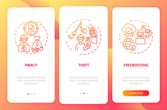 Copyright contravention types onboarding mobile app page screen with concepts. Piracy, freebooting walkthrough 3 steps graphic instructions. UI, UX, GUI vector template with linear color illustrations