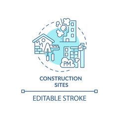 Construction sites concept icon. Outdoor air pollutant idea thin line illustration. Noise pollution. Greenhouse gases releasing. Vector isolated outline RGB color drawing. Editable stroke