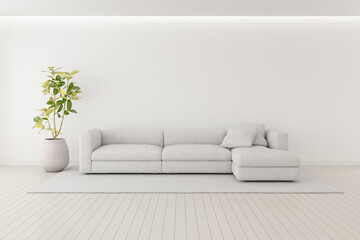 3d render of modern living room with wooden floor and large white plain wall.