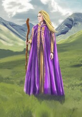 Ilustracion de Freya diosa nordica en paisaje montañoso