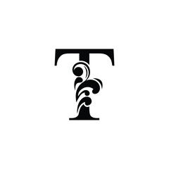 letter T. Vintage black flower ornament initial letters.  Alphabet. Logo vector 
