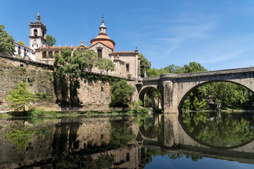 View of Amarante historic city in Portugal with the St. Goncalo church on Tamega River and Sao Goncalo bidge