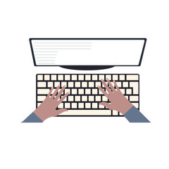 Hands are typing on the keyboard of a computer, laptop. Fingers press the buttons. Vector illustration, flat cartoon color design, isolated on white background, eps 10. Top view.