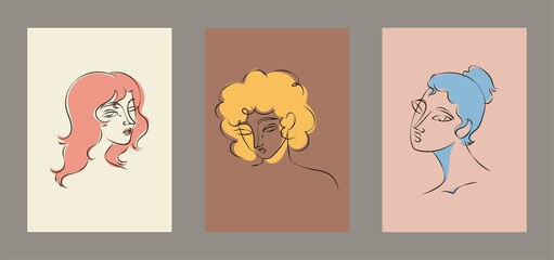Hand drawn line art sophisticated women portraits in minimalistic abstract graphic style. Sketch in soft neutral pastel colors.