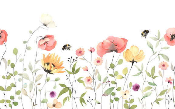 Floral summer horizontal pattern with colorful wildflowers, flying bumblebee and butterfly. Watercolor isolated illustration wallpapers, border, meadow or floral background for your design.