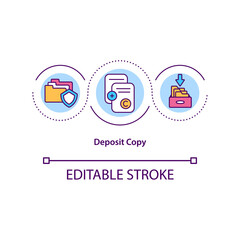 Deposit copy concept icon. Work for which copyright registration is sought. Copyright protection rules idea thin line illustration. Vector isolated outline RGB color drawing. Editable stroke