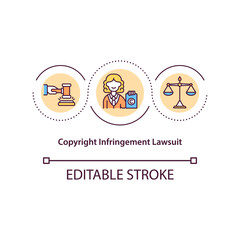 Copyright infringement lawsuit concept icon. Protection of authority rights in court house. Judge desides result idea thin line illustration. Vector isolated outline RGB color drawing. Editable stroke