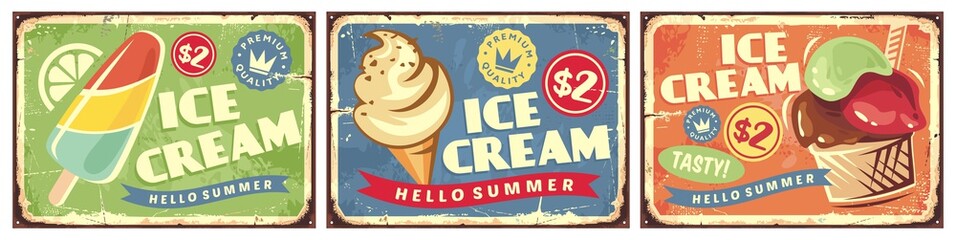 Ice cream set of retro signs. Sweet food retro sign design. Vector vintage poster.