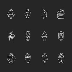 Ice cream varieties chalk white icons set on black background. Watermelon shape on stick. Soft serve. Creamy, sweet dessert. Sorbet, gelato. Frozen yogurt. Isolated vector chalkboard illustrations